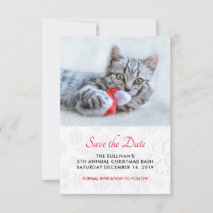 Cute Kitty Biting a Red Santa Hat Save the Date