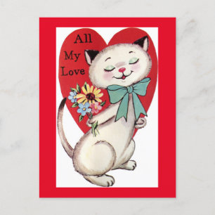 Cute Kitty Brings Love & Flowers Vintage Valentine Postcard