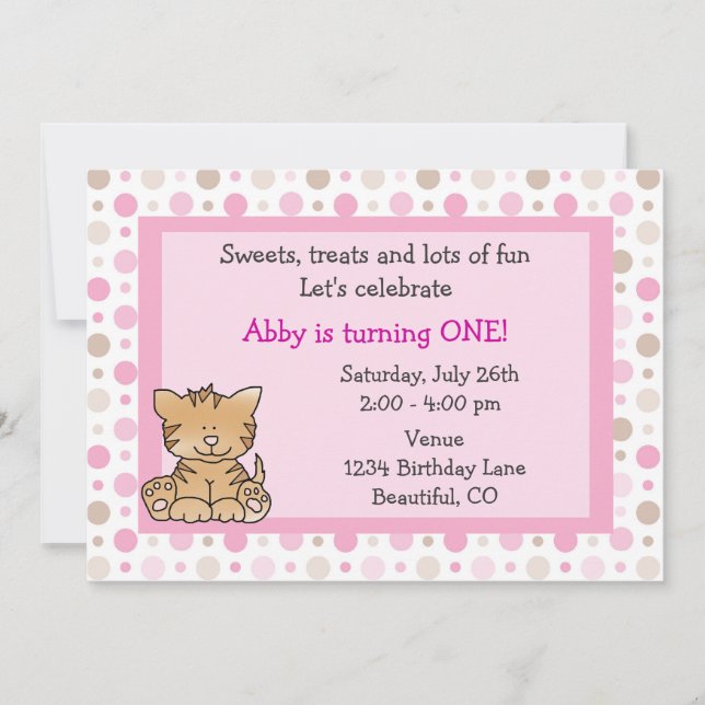 Cute Kitty Cat 1st Birthday Invitation for Girls (Front)