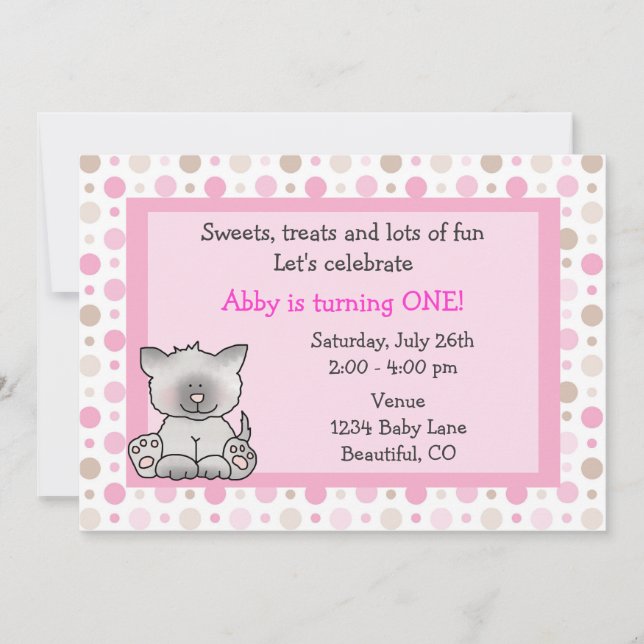 Cute Kitty Cat 1st Birthday Invitation for Girls (Front)
