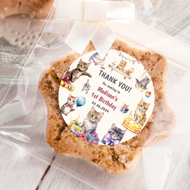 Cute Kitty Cat 1st Birthday Party  Classic Round S Classic Round Sticker (Creator Uploaded)