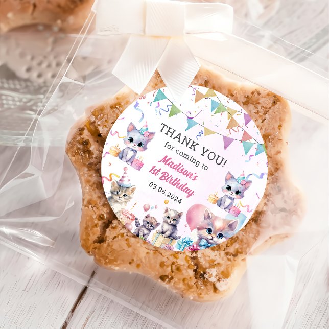 Cute Kitty Cat 1st Birthday Party  Classic Round Sticker (Creator Uploaded)
