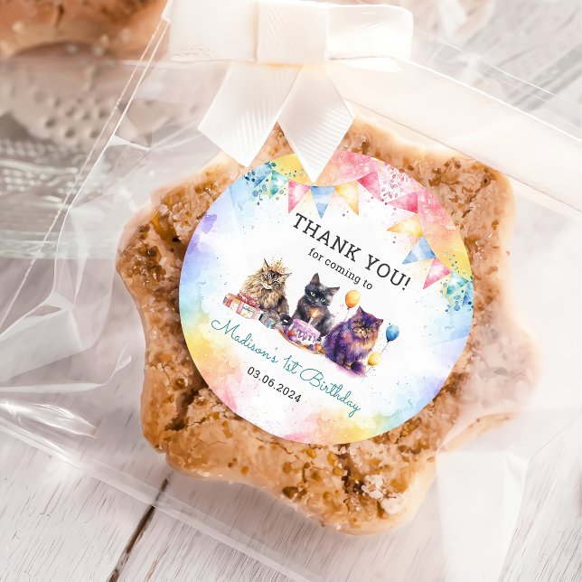 Cute Kitty Cat 1st Birthday Party  Classic Round Sticker (Creator Uploaded)