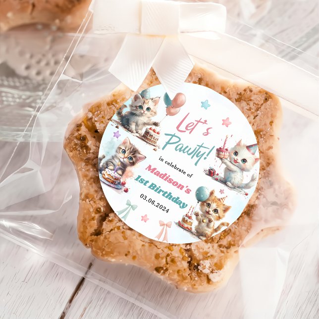 Cute Kitty Cat 1st Birthday Party  Classic Round Sticker (Creator Uploaded)