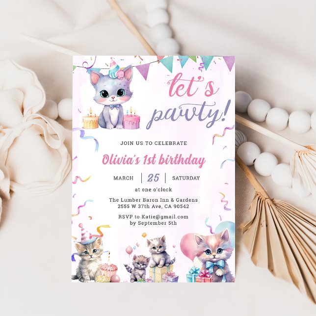Cute Kitty Cat 1st Birthday Party  Invitation (Creator Uploaded)