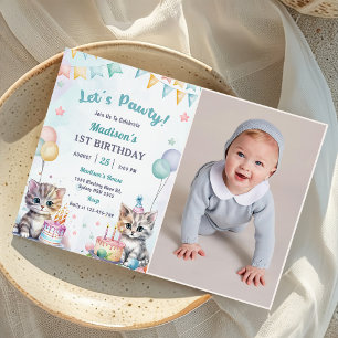 Cute Kitty Cat 1st Birthday Party Photo Invitation