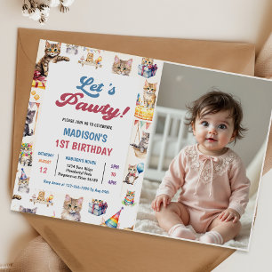 Cute Kitty Cat 1st Birthday Party Photo  Invitation