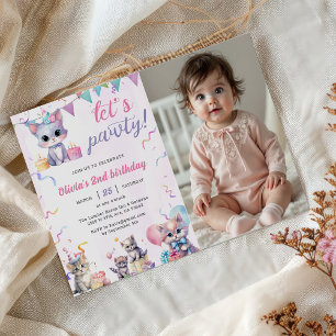Cute Kitty Cat 2nd Birthday Party Photo Invitation