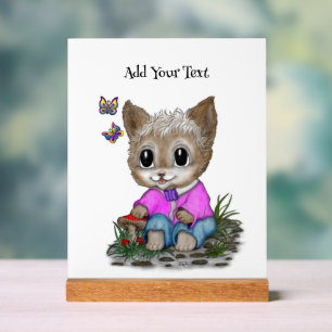 Cute Kitty Cat and Butterfly Acrylic Sign