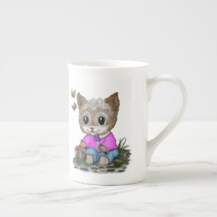 Cute Kitty Cat and Butterfly Bone China Mug