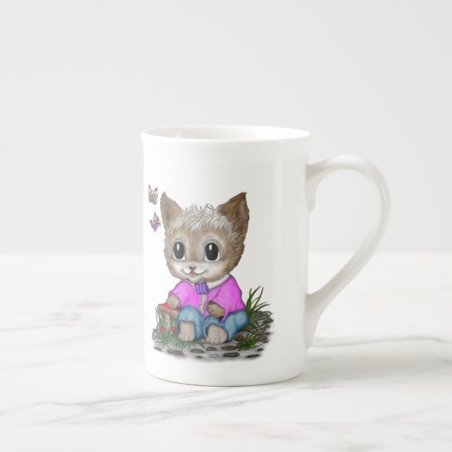 Cute Kitty Cat and Butterfly Bone China Mug (Right)