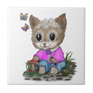 Cute Kitty Cat and Butterfly Ceramic Tile