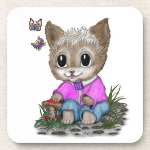 Cute Kitty Cat and Butterfly Coaster