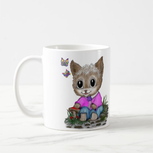 Cute Kitty Cat and Butterfly Coffee Mug (Left)