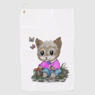Cute Kitty Cat and Butterfly Golf Towel