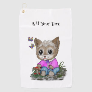 Cute Kitty Cat and Butterfly Golf Towel