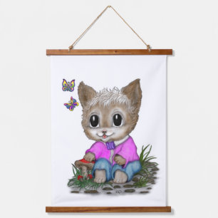 Cute Kitty Cat and Butterfly Hanging Tapestry