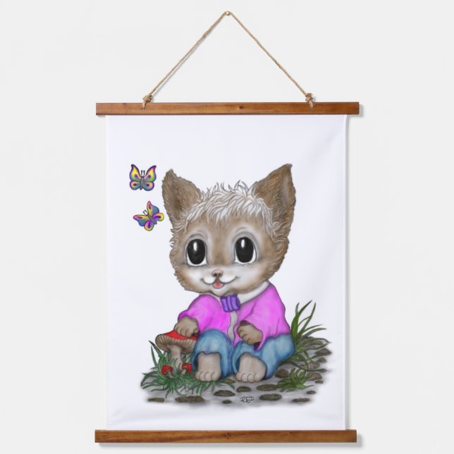 Cute Kitty Cat and Butterfly Hanging Tapestry (Front)