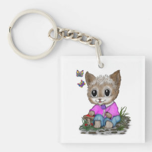 Cute Kitty Cat and Butterfly Key Ring