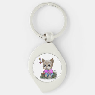 Cute Kitty Cat and Butterfly Key Ring