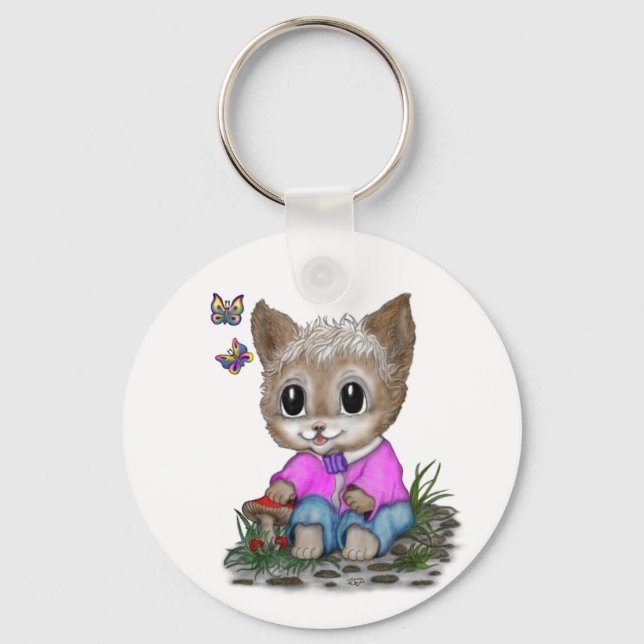 Cute Kitty Cat and Butterfly Key Ring (Front)