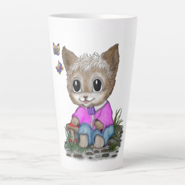 Cute Kitty Cat and Butterfly Latte Mug (Front)