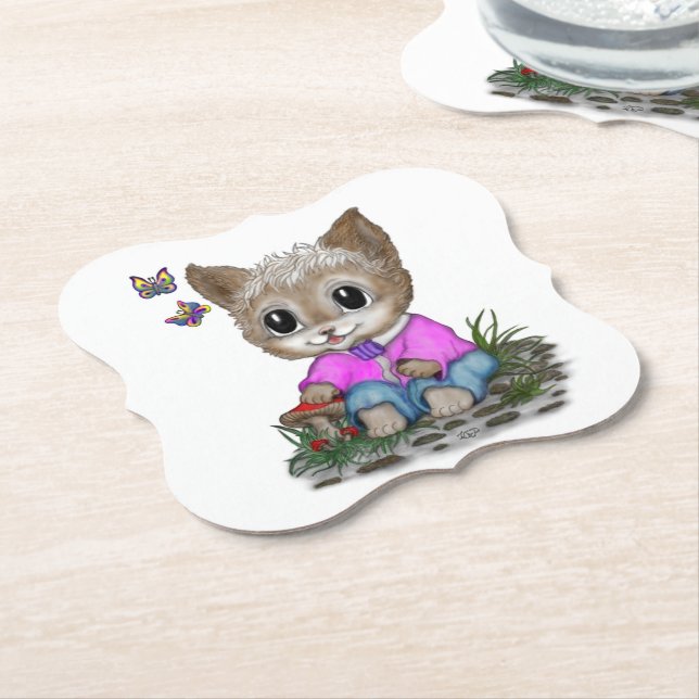 Cute Kitty Cat and Butterfly Paper Coaster (Angled)