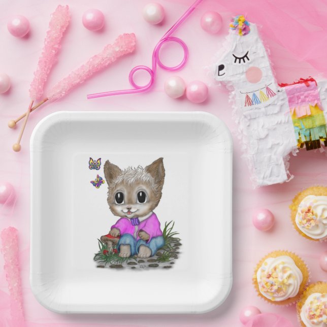 Cute Kitty Cat and Butterfly Paper Plate (Party)