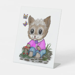 Cute Kitty Cat and Butterfly Pedestal Sign