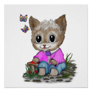 Cute Kitty Cat and Butterfly Poster