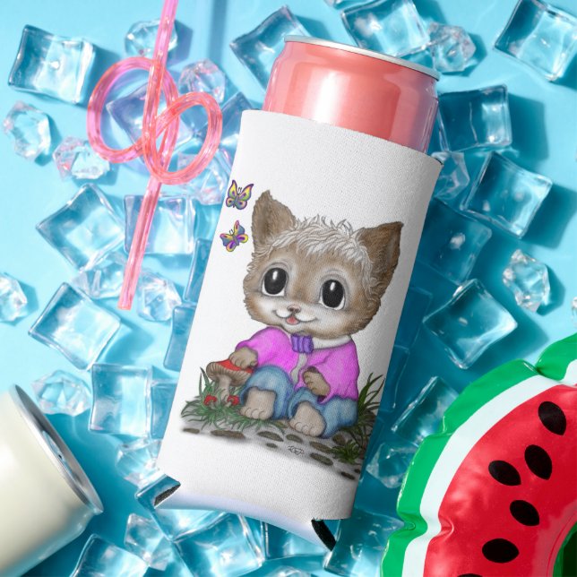 Cute Kitty Cat and Butterfly Seltzer Can Cooler (In Situ Summer)