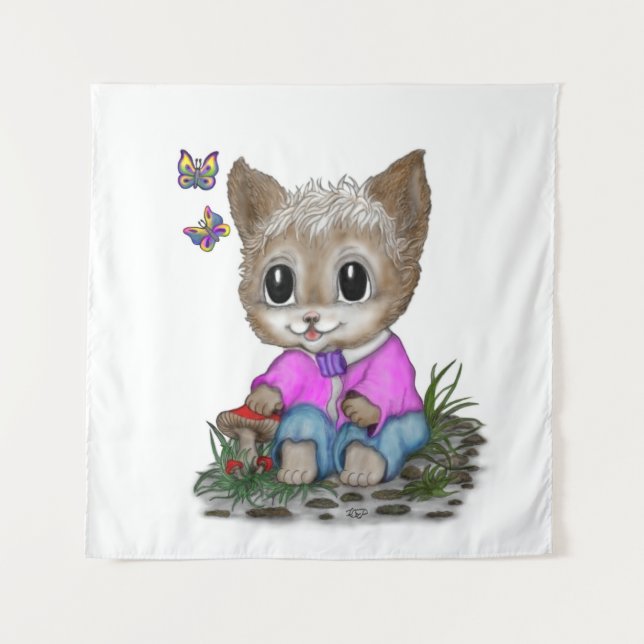 Cute Kitty Cat and Butterfly Tapestry (Front)