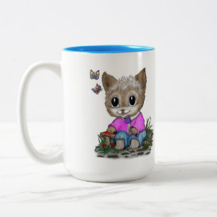 Cute Kitty Cat and Butterfly Two-Tone Coffee Mug