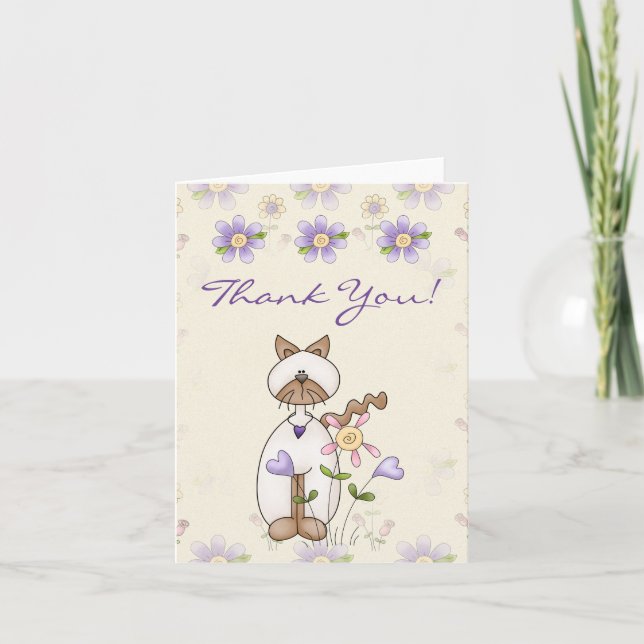 Cute Kitty Cat and Flowers Thank You Card (Front)
