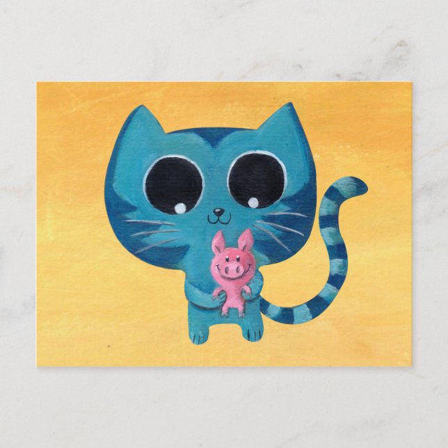 Cute Kitty Cat and Pig Postcard (Front)