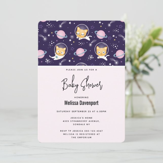 Cute Kitty Cat Astronauts Pattern Baby Shower Invitation (Standing Front)