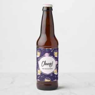Cute Kitty Cat Astronauts Pattern Beer Bottle Label