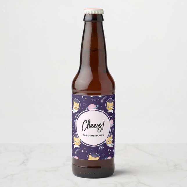 Cute Kitty Cat Astronauts Pattern Beer Bottle Label (Front)