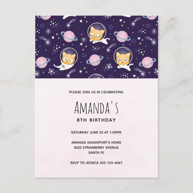 Cute Kitty Cat Astronauts Pattern Birthday Postcard (Front)