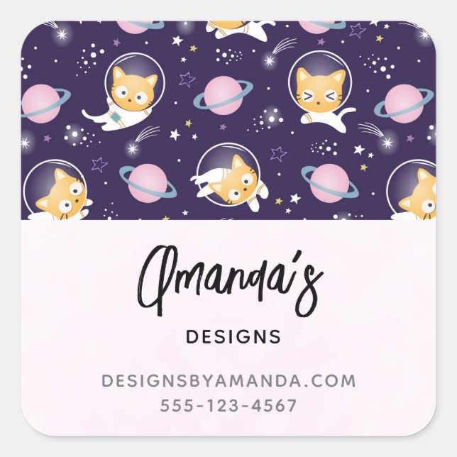 Cute Kitty Cat Astronauts Pattern Business Square Sticker (Front)