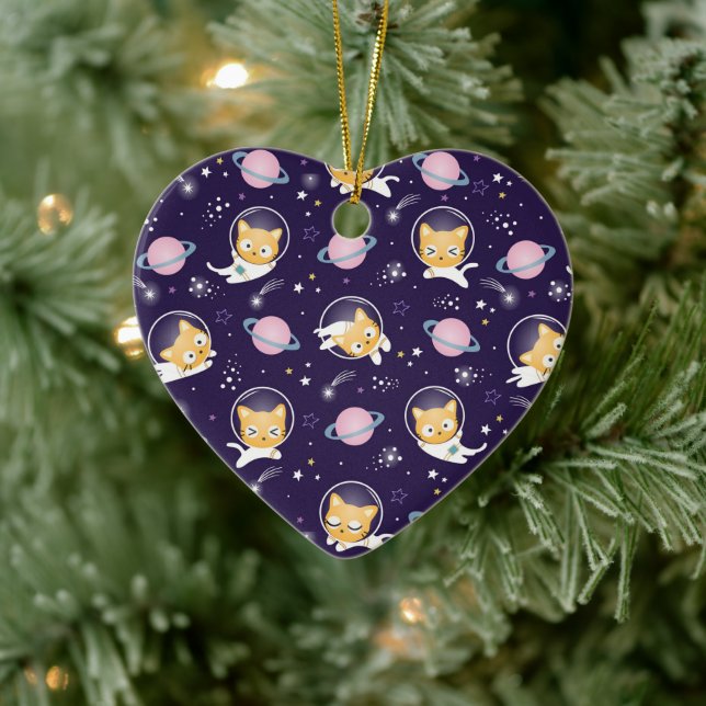 Cute Kitty Cat Astronauts Pattern Ceramic Ornament (Tree)