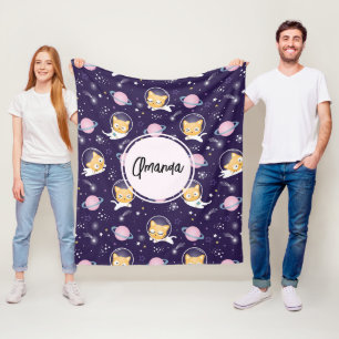 Cute Kitty Cat Astronauts Pattern Fleece Blanket