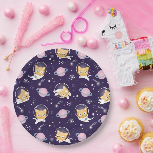 Cute Kitty Cat Astronauts Pattern Paper Plate (Party)