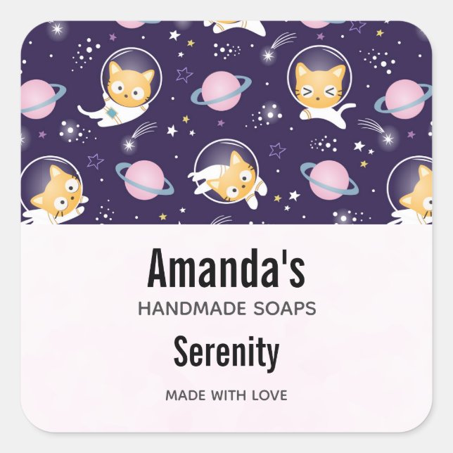 Cute Kitty Cat Astronauts Pattern Soap Business Square Sticker (Front)