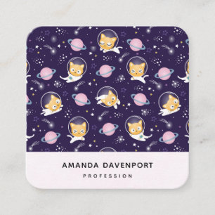 Cute Kitty Cat Astronauts Pattern Square Business Card