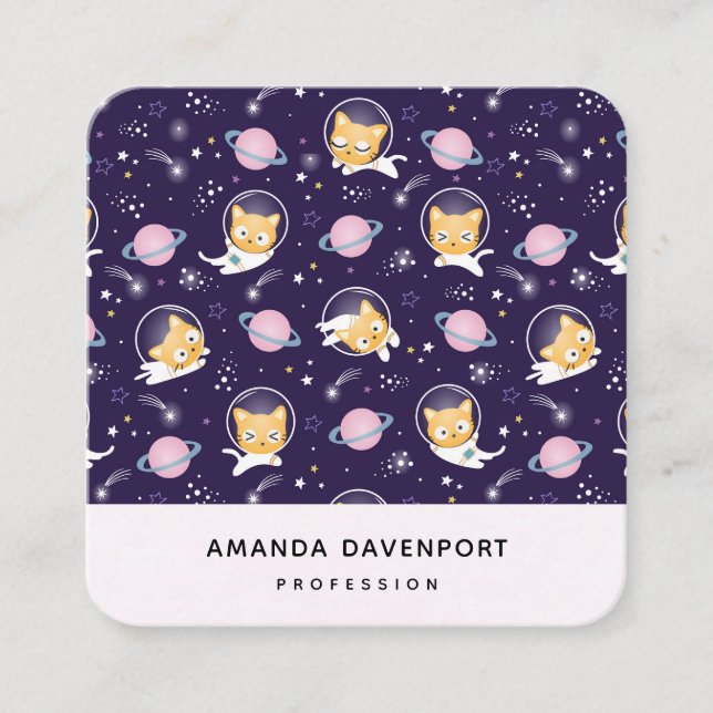 Cute Kitty Cat Astronauts Pattern Square Business Card (Front)