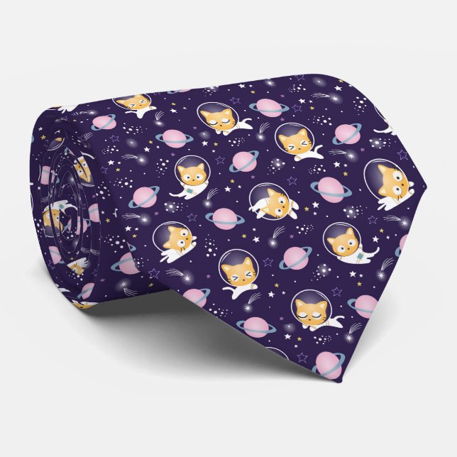 Cute Kitty Cat Astronauts Pattern Tie (Rolled)