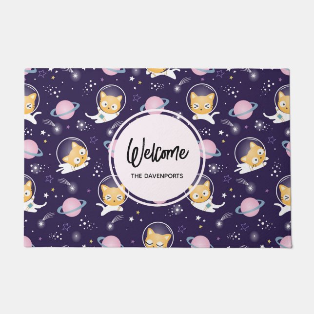 Cute Kitty Cat Astronauts Pattern Welcome Doormat (Front)