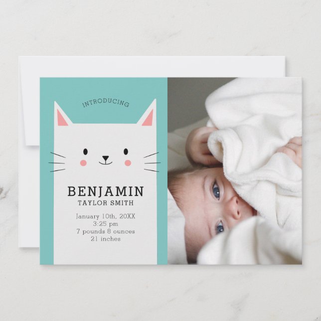 Cute Kitty Cat Baby Photo Boy Birth Announcement (Front)