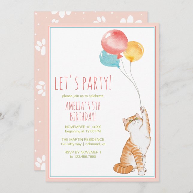 Cute Kitty Cat Balloons | Fun Pink Girls Birthday Invitation (Front/Back)